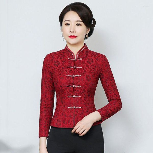 Этническая одежда Cheongsam Women Plus Size Tops 2023 Summer Lace Jacquard Ткань Традиционное китайское стиль Red Tang Costume Qipao