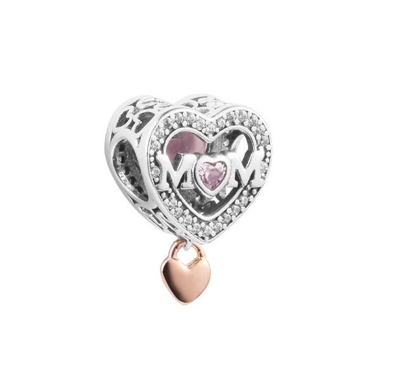 2023 Novo 925 Prata Esterlina Dois Tons Openwork Mum Heart Charm Fits Original Pulseira Miçangas Jóias para Mulheres Frete Grátis por atacado