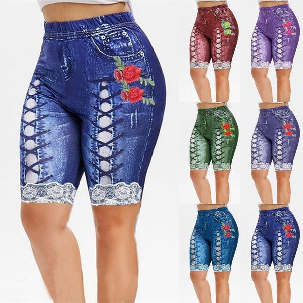 Aktive Shorts, große Größe, Damen, Yoga, kurze Leggings, Cowboy-bedruckte Jeans, hohe Taille, schmale Passform, sportliche Hose, Denim-Imitat