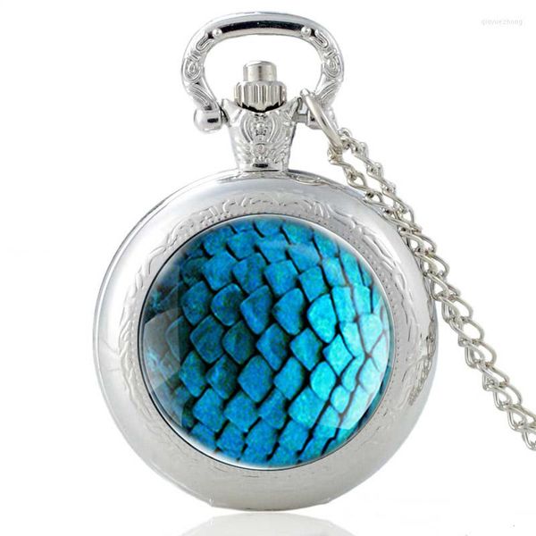 Taschenuhren, einzigartiges blaues Drachenschuppen-Design, Glas-Cabochon-Quarzuhr, Vintage-Stil, für Herren und Damen, Anhänger, Halskette, Kette, Uhr