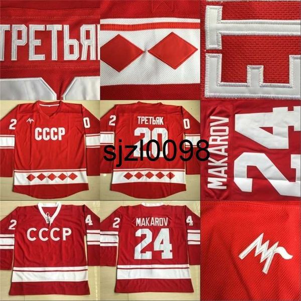 Sj98 Top-Qualität 20 Vladislav Tretiak 1980 CCCP Russland Hockey Herren 24 Sergei Makarov genähte rote Hockey-Trikots Günstig