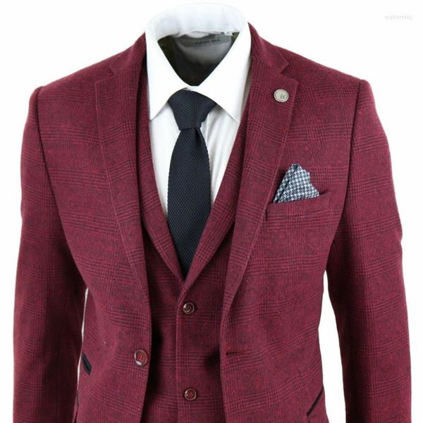 Abiti da uomo Costume Homme Vino Maroon 3 pezzi Mens ultimo design a spina di pesce Tweed Vintage Tailored Fit Suit Blazer Jacket Pant Vest