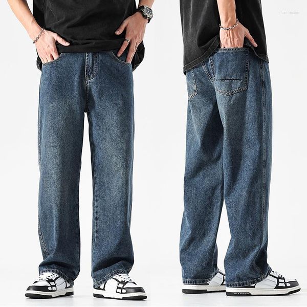 Jeans da uomo Pantaloni larghi in denim blu scuro a gamba larga da uomo Pantaloni stile coreano oversize dal taglio dritto per abbigliamento Jean