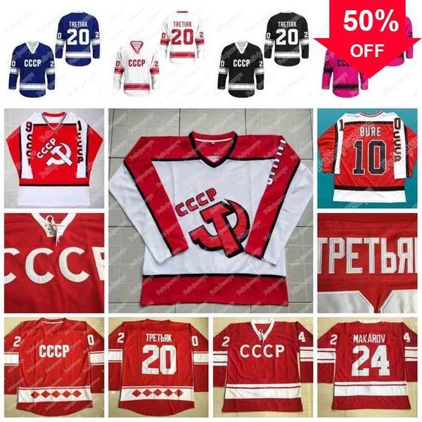 Mag Thr 10 Pavel Bure 20 Vladislav Tretiak 24 Sergei Makarov 11 Igor Larionov Vintage 1980 CCCP Rússia Home Red Stitched Hockey Jersey