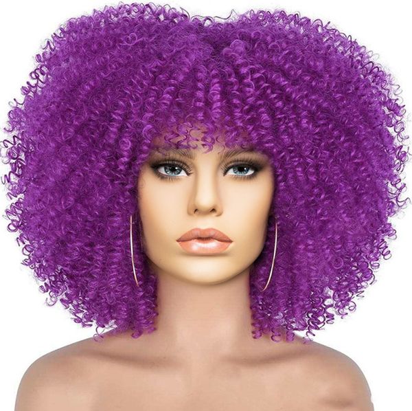 Peruca curta afro encaracolada de 15 polegadas para mulheres peruca de cabelo sintético de cabeça explosiva euro-americana com rede rosa vários estilos disponíveis
