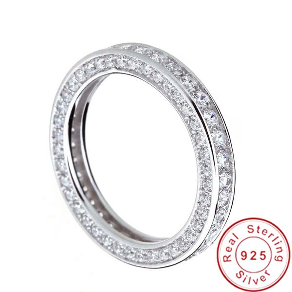 Anel Eternity 3 Row AAAAA Zircon cz Cor Prata Anéis de Casamento de Noivado para mulheres Nupcial Bela Festa Joias Presente