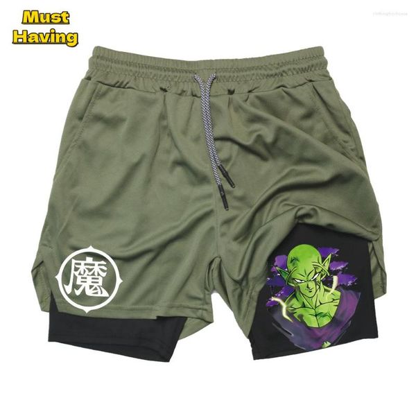 Shorts masculino 2 em 1 de compressão com bolsos de laço de toalha Atlético Anime Ginásio Secagem rápida Respirável Alongamento Corrida Treino Fitness