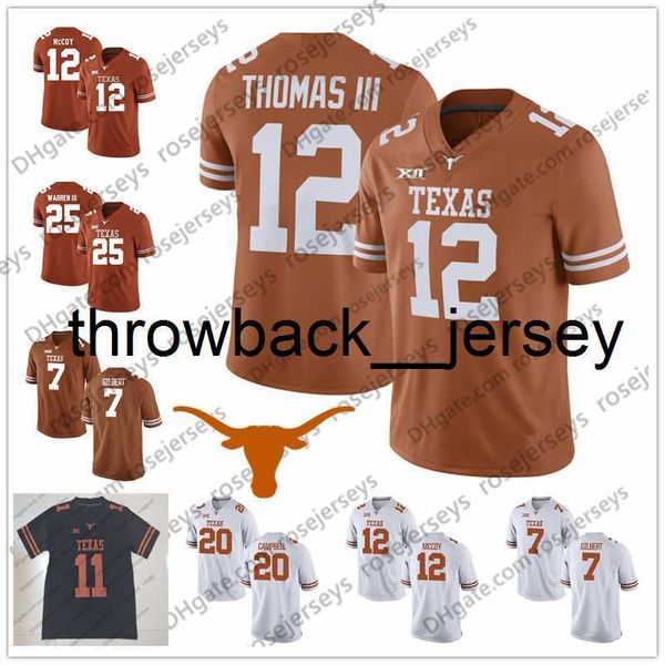 thr Texas Longhorns #12 Earl Thomas III Colt McCoy 10 Vince Young 20 Earl Campbell 34 Ricky Williams Camisa de futebol preta laranja branca aposentada