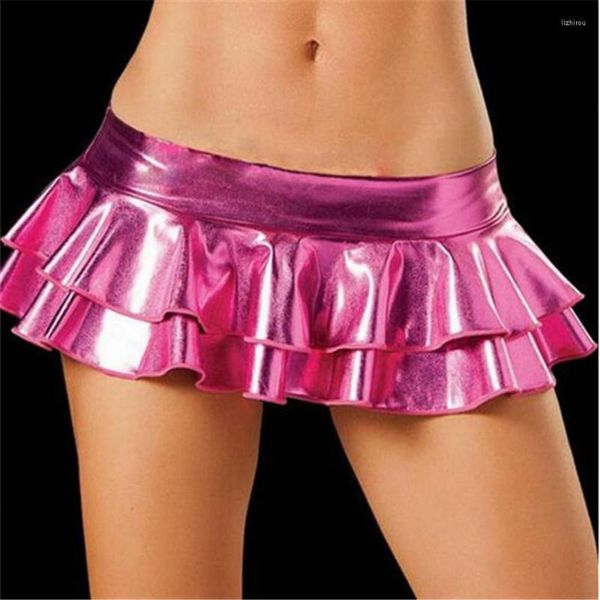 Saias Latex Saia UltraShort Couro envernizado PU Double-deck Lotus Leaf Edge Mini saia Saias Feminino Faldas Trajes sensuais