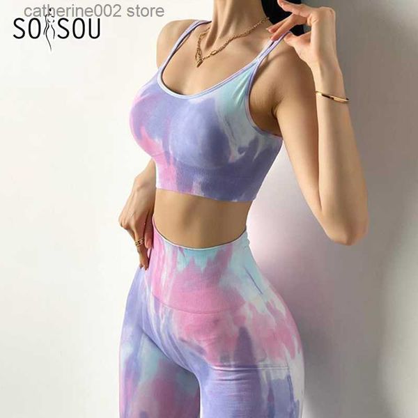 Damen-Trainingsanzüge SOISOU Neue Tie-Dye-Frauen-Trainingsanzug-Sets Zweiteiliges Set Frauen Sexy Nahtlos gestrickt Fitness Sport Enger Anzug Frauen T230605