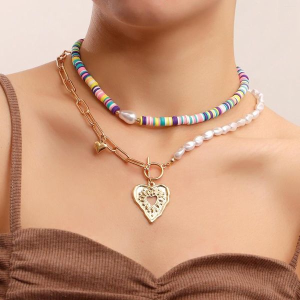 Collane con ciondolo Moda Bohemian Doppio strato Colore Ceramica morbida Collana di perle d'imitazione barocche Donne Gioielli in lega di cuore