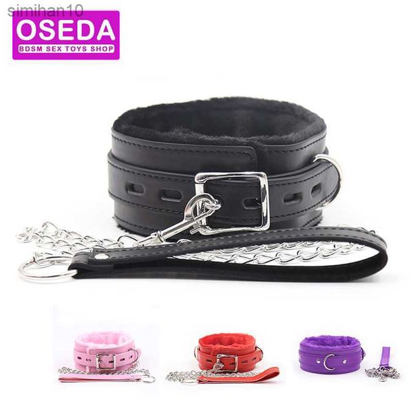 Colar de escrava de couro sintético 4 cores gargantilha de pescoço com corrente de metal Collier Bdsm Bondage jogos adultos brinquedos sexuais para casais femininos L230518