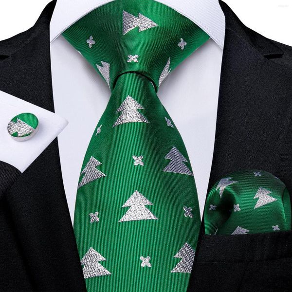 Papillon Moda Argento Albero di Natale Verde Seta solida per uomo Festa di nozze Accessoreis 8cm Cravatta Set Gemelli quadrati tascabili