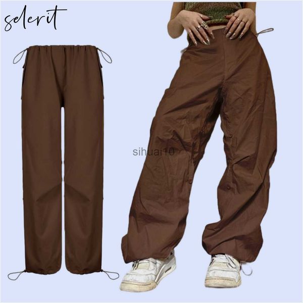 Pantaloni da donna Capris Baggy Cargo Pantaloni da paracadute Y2k Pantaloni da jogging Marrone Gamba larga Retro Old School Hip Hop Pulsante regolabile per donna Donna Autunno J230605