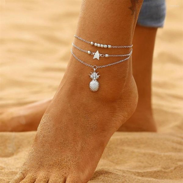 Cavigliere IT Summer Boho Star Bracciale alla caviglia con ciondolo a forma di ananas Set di perline per donna Cavigliera Sandali con catena a piede Gioielli a piedi nudi