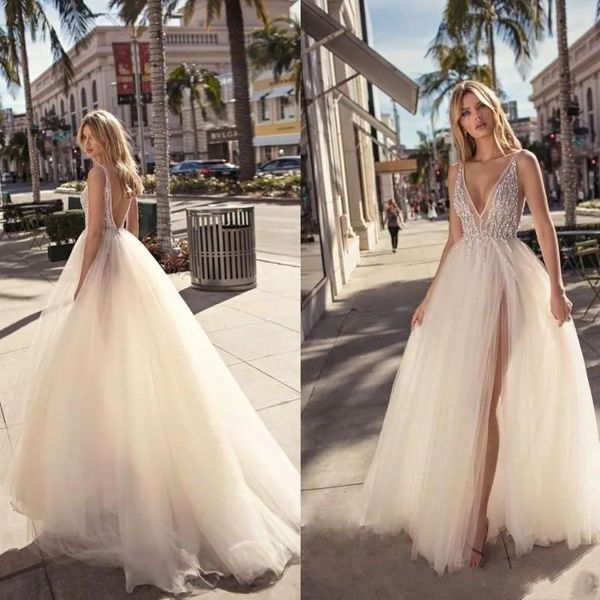 Abiti da sposa sexy da spiaggia nuovi da giardino scollo a V profondo spacco laterale Robe De Soiree abiti lunghi Boho Brdial senza schienale BC