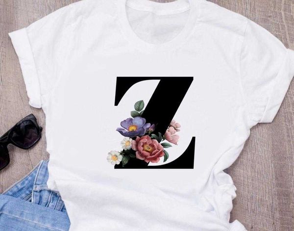 T-Shirt Mode Frauen 2020 26 Buchstaben Name Kombination Blume Top Weibliche T-shirts Original Kleidung Casual O Neck Tops Shirts p230603