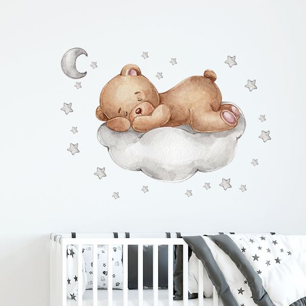 Adesivos de parede para quarto de bebê Urso de pelúcia dormindo na nuvem Adesivos de parede para quarto de crianças Adesivos de parede para berçário de bebê Adesivos de quarto