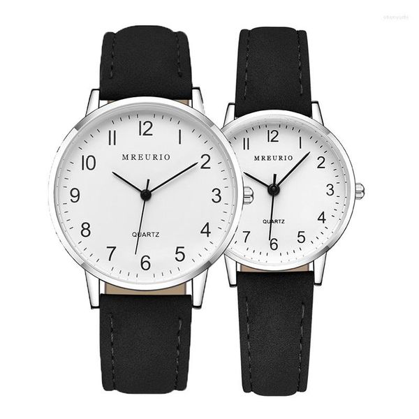Relógios de pulso ponteiro de número simples relógio de estudante casal masculino e feminino relógio de mão de quartzo pulseira de couro preto esportes ao ar livre