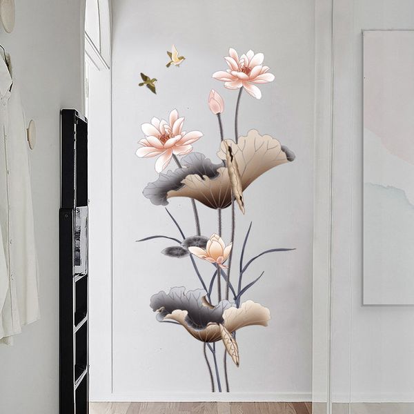 Adesivos de parede estilo chinês flor de lótus decoração de casa 3d papel de parede decalques grandes sala de estar pegatinas de pared 230603