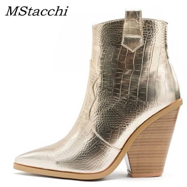 Botas MStacchi Gold Snake Print Ankle Boots Para Mulheres Wedge Botas de Salto Alto Mulher Runway Design Saltos Chunky Botas Mujer Western boot Z0605