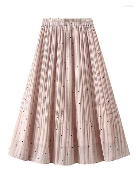 Saias Vintage Midi Saia Longa Plissada Feminina 2023 Primavera Verão Estampa de Bolinhas Boêmia Elegante Cintura Alta Praia Feminino Emo