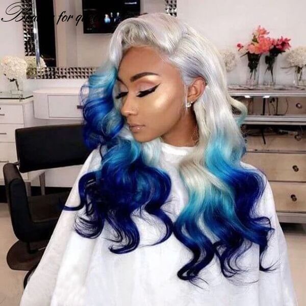 Longo Brasileiro Loiro Ombre Azul Colorido Lace Front Peruca Cabelo Humano 13X4 Lace Frontal Body Wave Perucas Sintéticas para Mulheres Linha Fina Natural