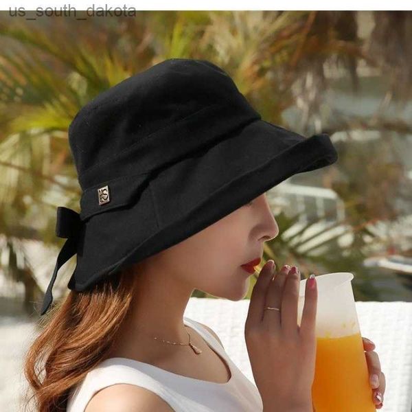 Chapéu panamá feminino com laço 2022 moda verão kpop bob algodão preto praia chapéus de sol dobrável aba larga anti-uv boné de pesca L230523