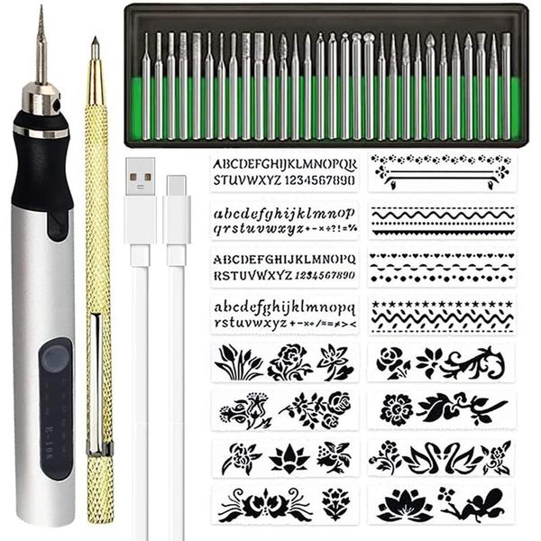 Yönlendirici Şarj Edilebilir Kablosuz Mini Oymacı Kalem DIY Gravür Tool Kit Metal Cam Seramik Plastik Ahşap Takı Şablonları
