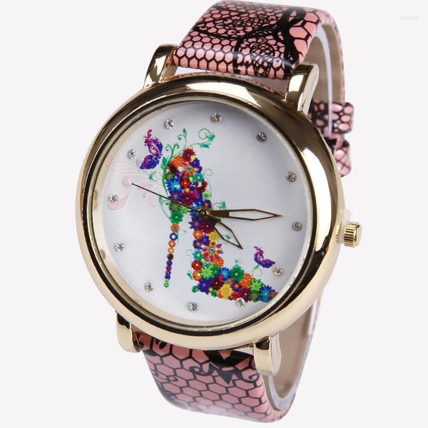 Armbanduhren Genf PU Leder High Heels Blumen Uhr Frau Vintage Retro Frauen Armbanduhr Golden Rim Girl Dama