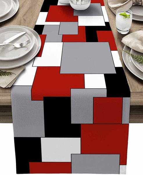 Corredor de Mesa Criativo Geométrico Vermelho Preto Cinza Blocos Corredor de Mesa de Linho Decoração de Mesa para Casamento Cozinha Festa de Férias Casa 230605