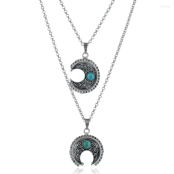 Collane con ciondolo FYJS Strato placcato argento unico Crescent Moon Green Turquoises Collana con catena a maglie in pietra