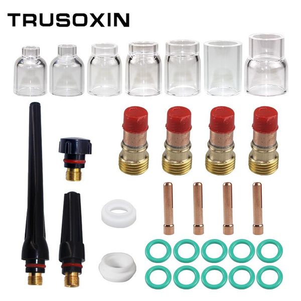 Mondstukken 30pcs Tig Kaynak Meşalesi Aksesuarları Stubby Gaz Lens 4## 12# PYREX CAM KUPU KİTİ WP17/26 Torch Kaynak Lehimleme Malzemeleri