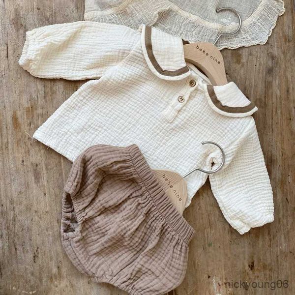 Conjuntos de roupas de musselina para bebê primavera 0-3 anos meninos meninas algodão orgânico lapela estilo marinho manga longa tops e shorts recém-nascido