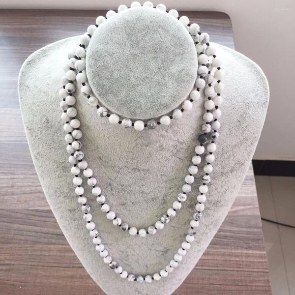Ketten handgeknüpfte 42 Zoll/60 Zoll lange Halsketten Naturstein 8 mm weiße Howlith-Halskette endlose Unendlichkeit Perlen Yoga Mala Perlen