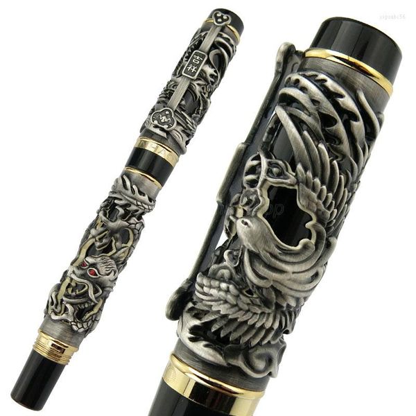 Jinhao Dragon Phoenix Design penna roller metallo intaglio goffratura pesante nobile grigio nero per ufficio scuola casa