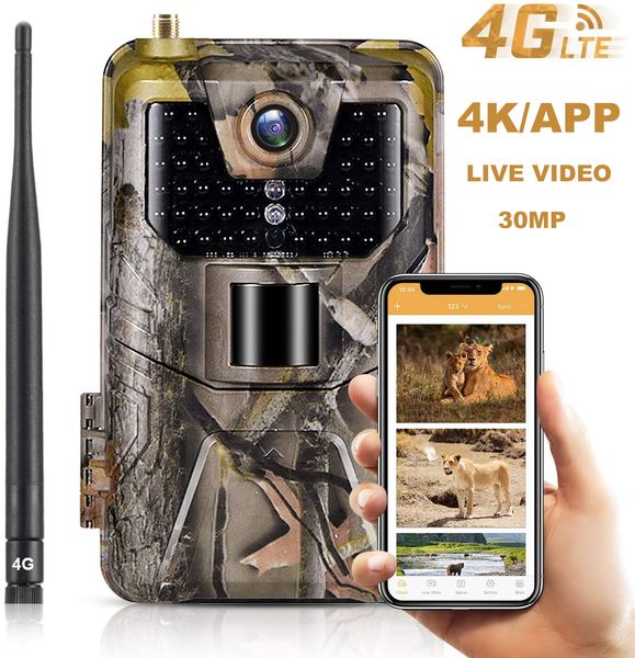 Telecamere da caccia 4K Live Video APP Trail Camera Servizio cloud 4G 30MP Cellular Mobile Wireless Wildlife Night Vision Po Traps 230603