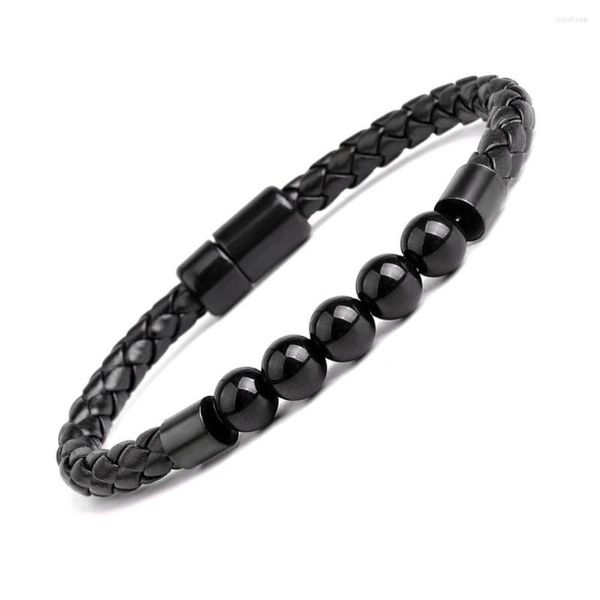Strand Kirykle Men's Beads Bracelets Leather Braided Cuff Wristband Bead Corda Bracelet For Boys Anxiety Stress Relief Gift