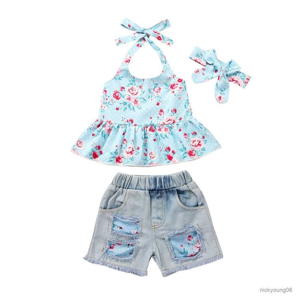 Kleidung Sets 0-6Yrs Baby Mädchen Zerrissene Jeans Set Neckholder Tops Shorts Mit Stirnband 3Pcs Sommer Infant Kinder floral Anzüge