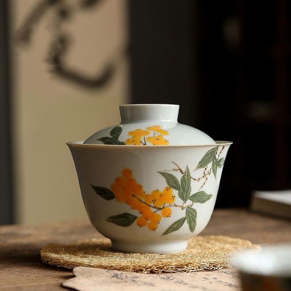 Articoli per il tè Dipinto a mano Nespolo Gaiwan per zuppiera da tè con coperchio Articoli per il tè Kung Fu Set per la cerimonia del tè Tazze di caffè Ciotole per il tè Chawan cinese
