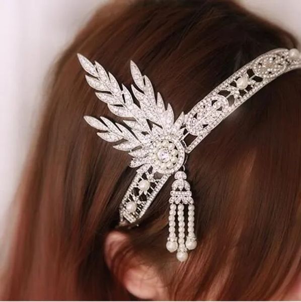 Tiaras de fita de pérola de cristal Vintage Bridal Great Gatsby Flapper Folhas Strass Faixa de cabelo Acessórios de moda Jóias