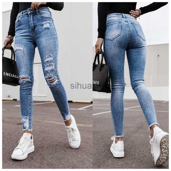 Calça Jeans Feminina Cintura Alta Mom Jeans Skinny Modelagem Calça Jeans Stretch Rasgado Calças Hip Fit Lings Finas Elásticas Confortáveis Vaqueros J230605