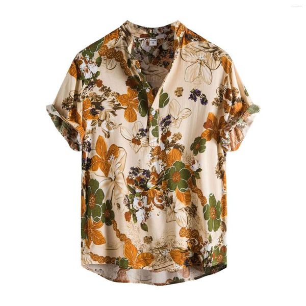 Camisetas masculinas primavera floral estampada blusa masculina gola alta manga única moda blusa elegante curta casual branca