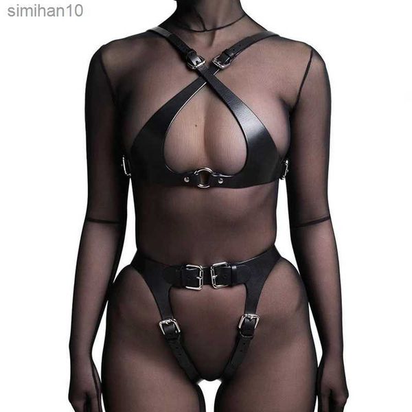 Sexy Full Body Harness Belt Set esotici Bondage Bdsm Lingerie Donna Punk Pu Harness in pelle Reggiseno Petto Bretelle Cintura spada L230518