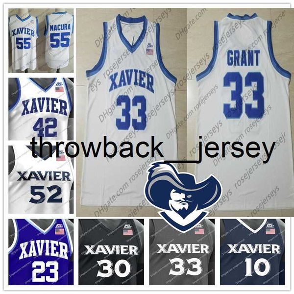 thr NCAA Xavier Mosqueteiros #33 Brian Grant 23 Byron Larkin 30 David West 42 Tyrone Hill College Basketball branco cinza azul preto Jersey S-4XL