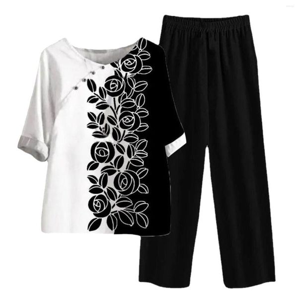 Pantaloni a due pezzi da donna Casual da donna Stampe di fiori rosa Bottone O Collo Top Camicia Abiti da lavoro da donna Completo da donna Tailleur pantalone da lavoro