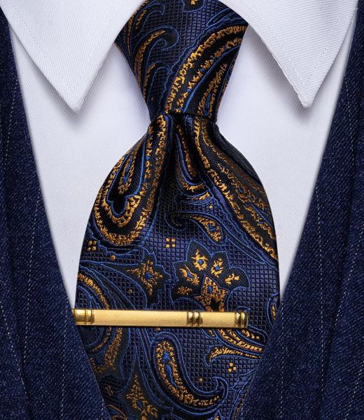 Fliegen Floral Paisley Herren Krawatte Krawatte Kragen Clip Set Marineblau Gold Seidenkrawatte für Männer Business Party Drop Corbata Azul Geschenk