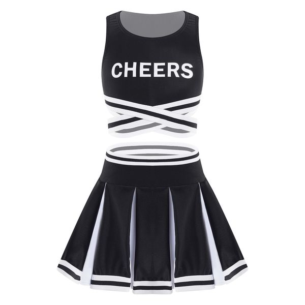 Cheerleading 2Pcs Kids Girls Cheerleader Uniform Cheerleading Dance Outfit Senza maniche Cheers Stampa Gilet incrociato con fascia e gonna a pieghe Set 230603