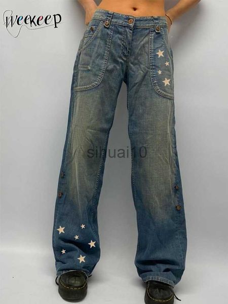 Jeans Feminino Weekeep Vintage Star Jeans Baggy Baixo Rise Print Denim Mom Jeans y2k Grunge 2000s Wide Leg Cargo Pants Streetwear Calças Femininas J230605