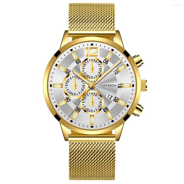 Relógios de Pulso Moda Masculina Relógio Dourado Aço Inoxidável Mesh Cinto Calendário Quartzo Relógios Esportivos Criatividade Relógio Homem Casual Montre Homme